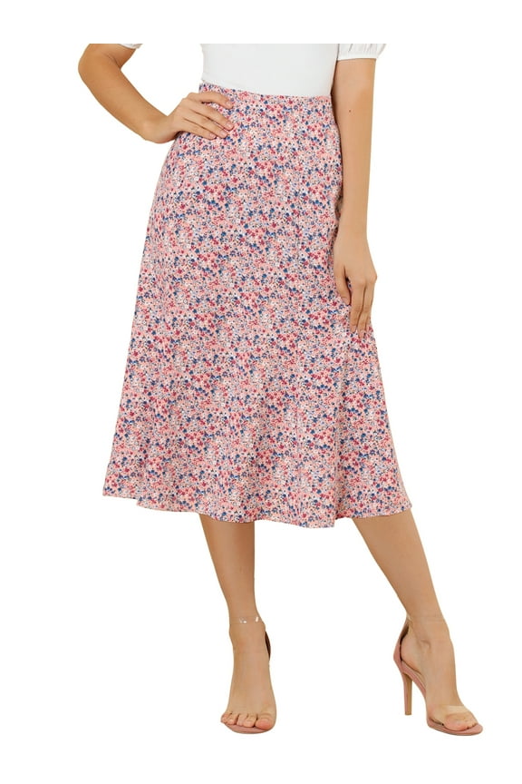 Women's Elastic Waist A-Line Floral Print Midi Skirt M Pink