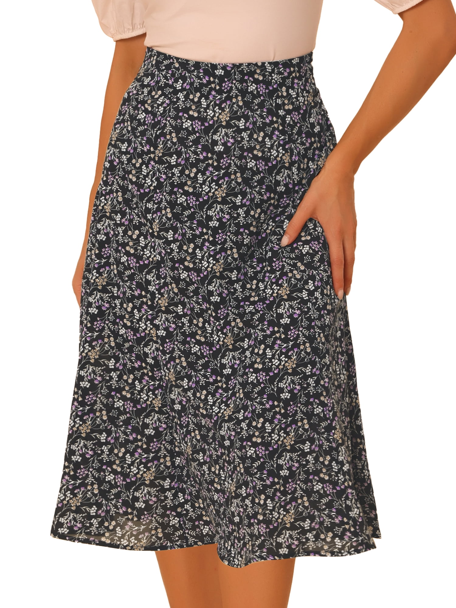 DARING DIVA Women's Elastic Waist A-Line Floral Print Midi Skirt S Black Purple