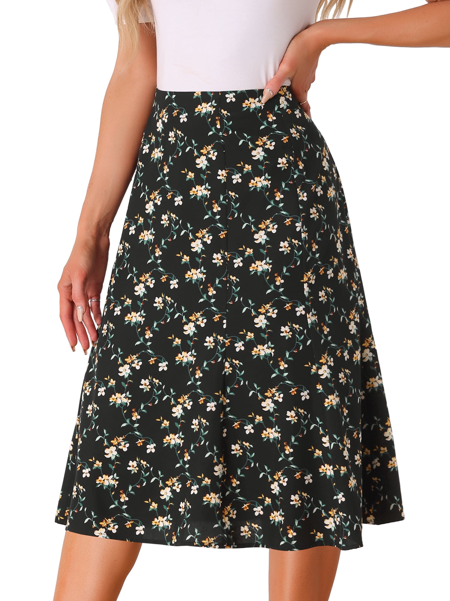 DARING DIVA Women's Elastic Waist A-Line Floral Print Midi Skirt S Black White