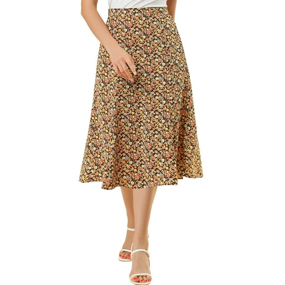 DARING DIVA Women's Elastic Waist A-Line Floral Print Midi Skirt S Brown Orange