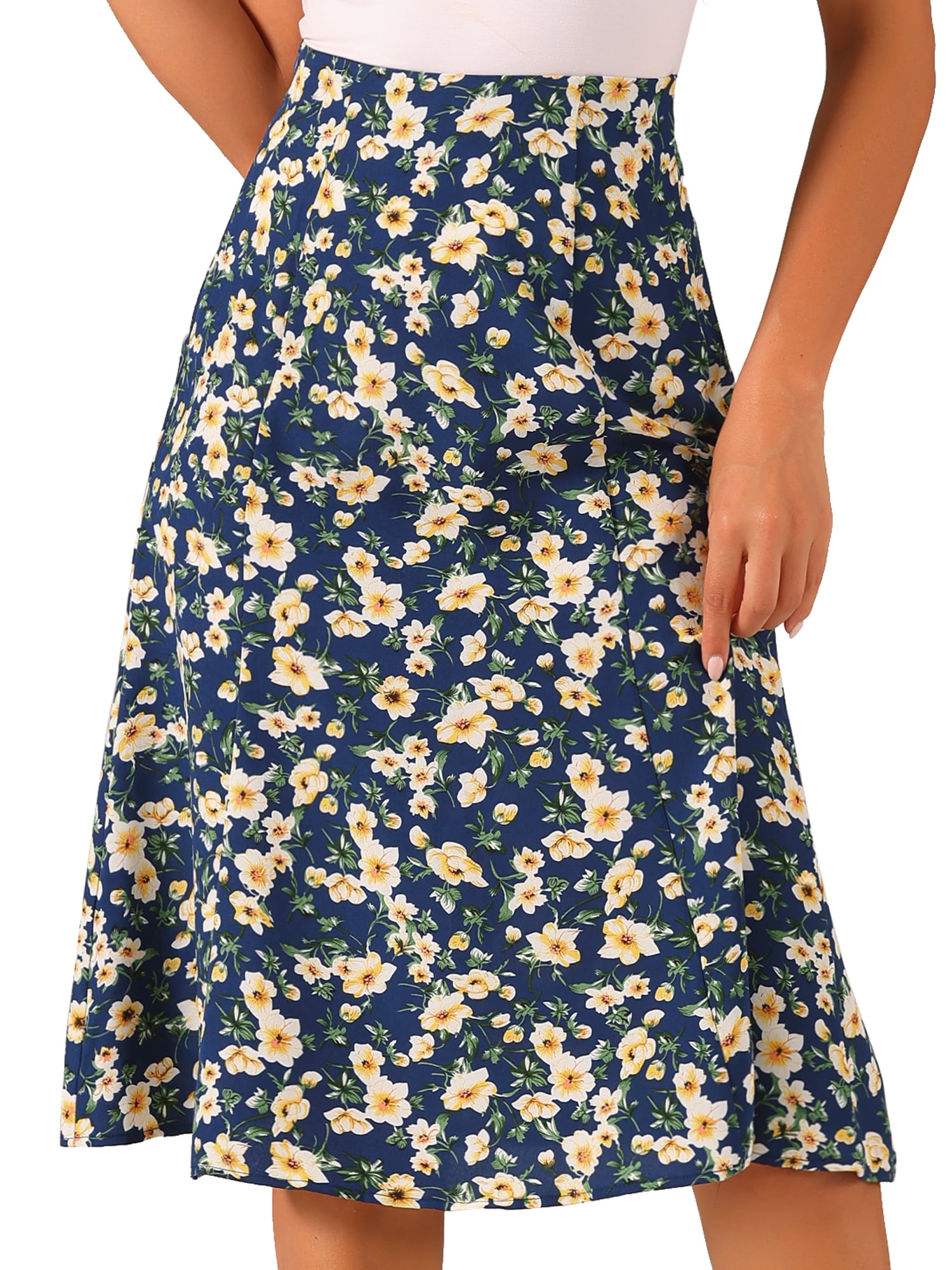 DARING DIVA Women's Elastic Waist A-Line Floral Print Midi Skirt S Dark Blue