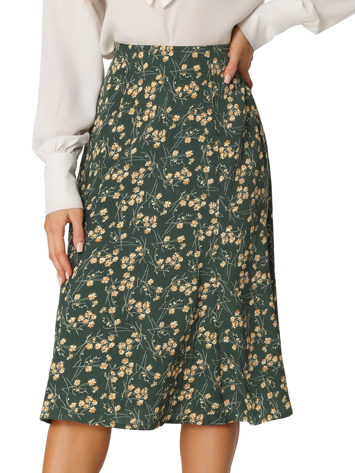 DARING DIVA Women's Elastic Waist A-Line Floral Print Midi Skirt S Dark Green