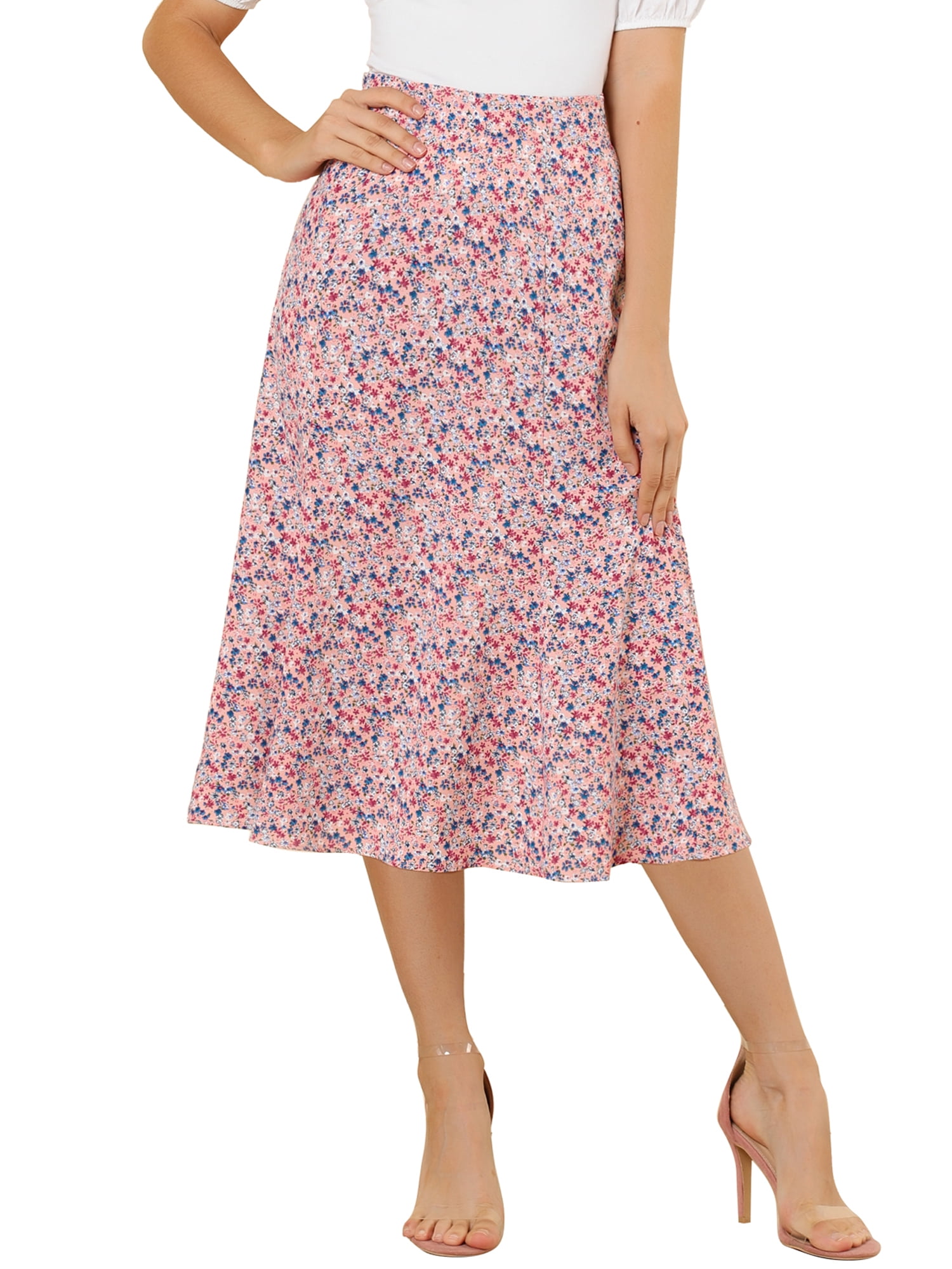 DARING DIVA Women's Elastic Waist A-Line Floral Print Midi Skirt S Pink