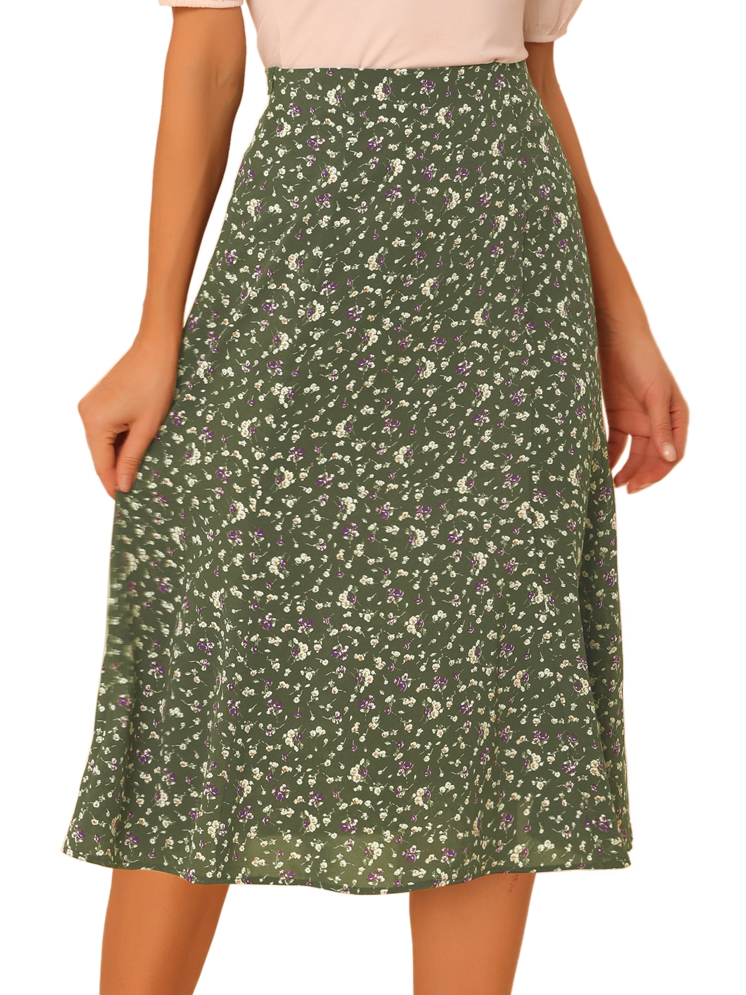 DARING DIVA Women's Elastic Waist A-Line Floral Print Midi Skirt XL Army Green