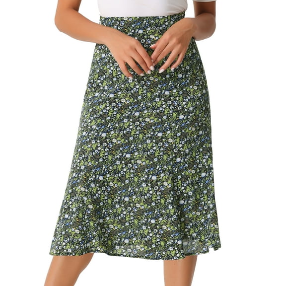 DARING DIVA Women's Elastic Waist A-Line Floral Print Midi Skirt XL Black Green