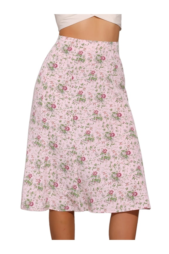 Women's Elastic Waist A-Line Floral Print Midi Skirt XL Pink Flower