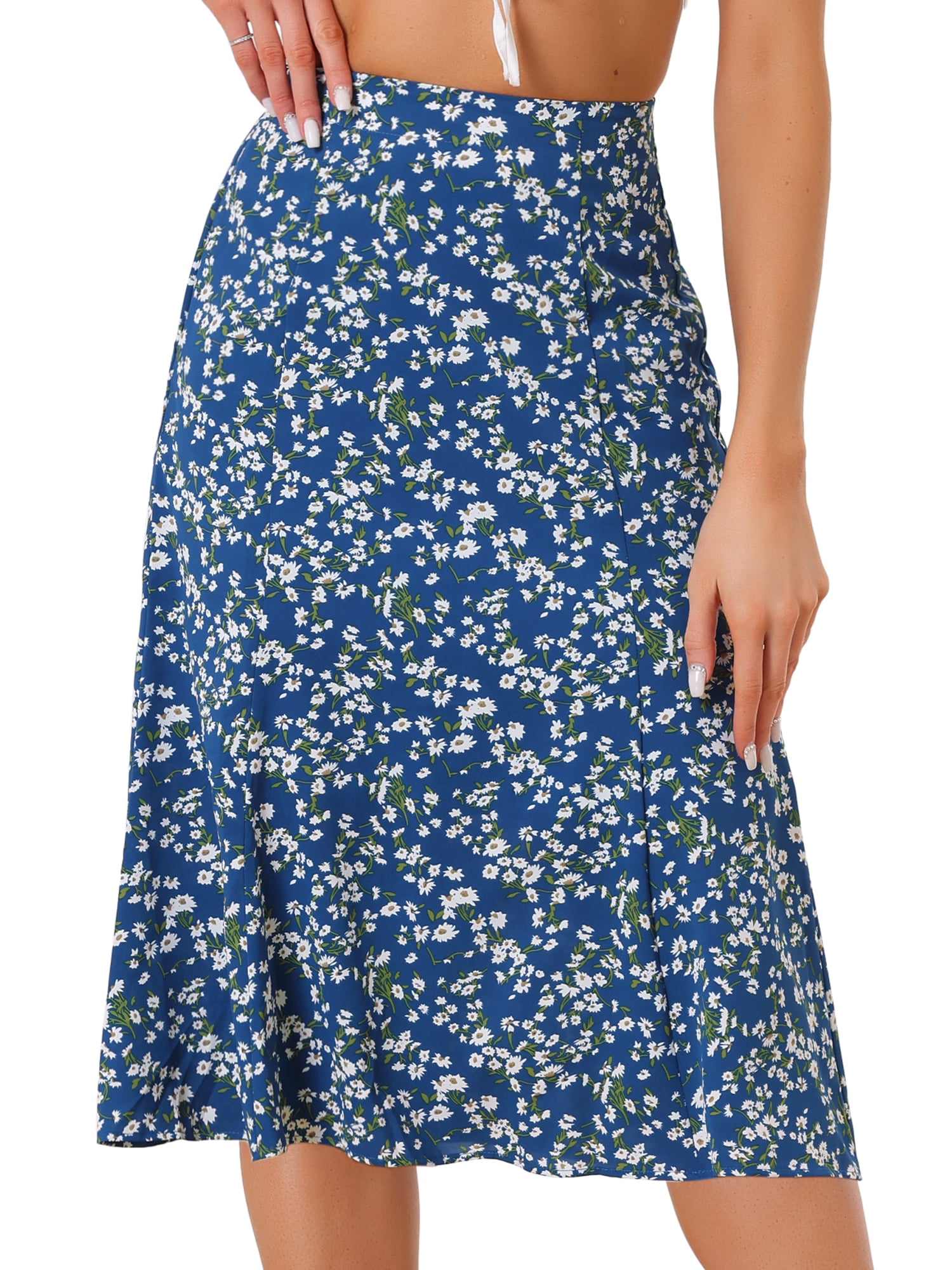 DARING DIVA Women's Elastic Waist A-Line Floral Print Midi Skirt XS Blue