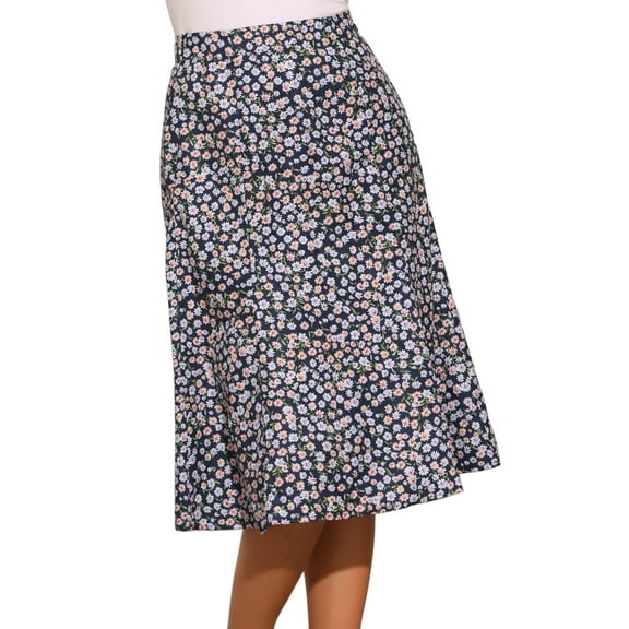 DARING DIVA Women's Elastic Waist A-Line Floral Print Midi Skirt XS Dark Blue Flower