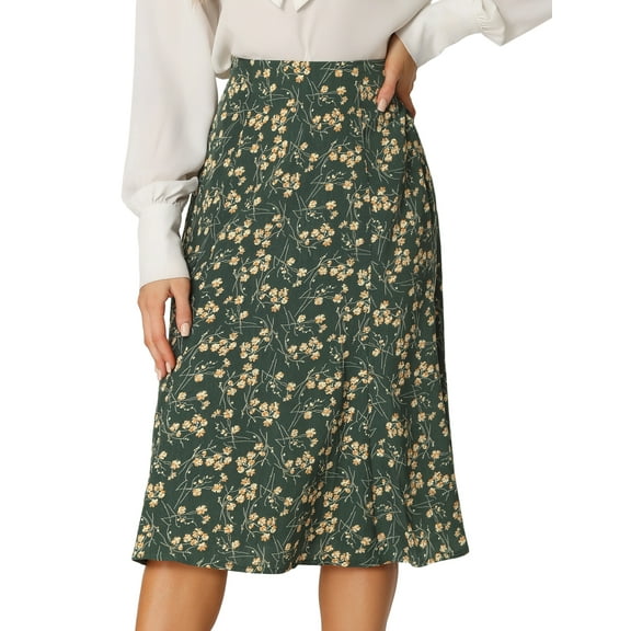 DARING DIVA Women's Elastic Waist A-Line Floral Print Midi Skirt XS Dark Green