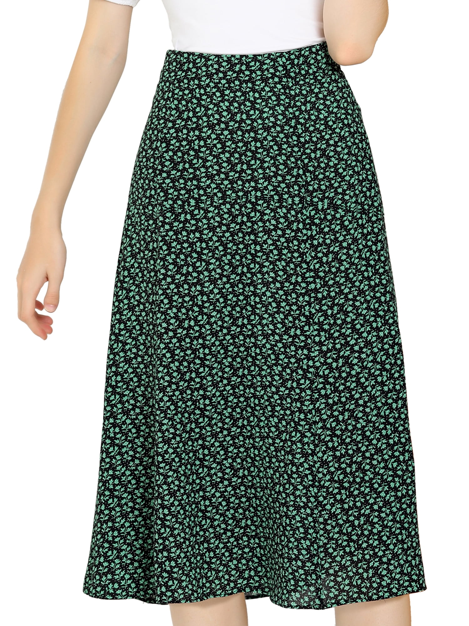 DARING DIVA Women's Elastic Waist A-Line Floral Print Midi Skirt XS Green