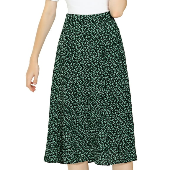 DARING DIVA Women's Elastic Waist A-Line Floral Print Midi Skirt XS Green