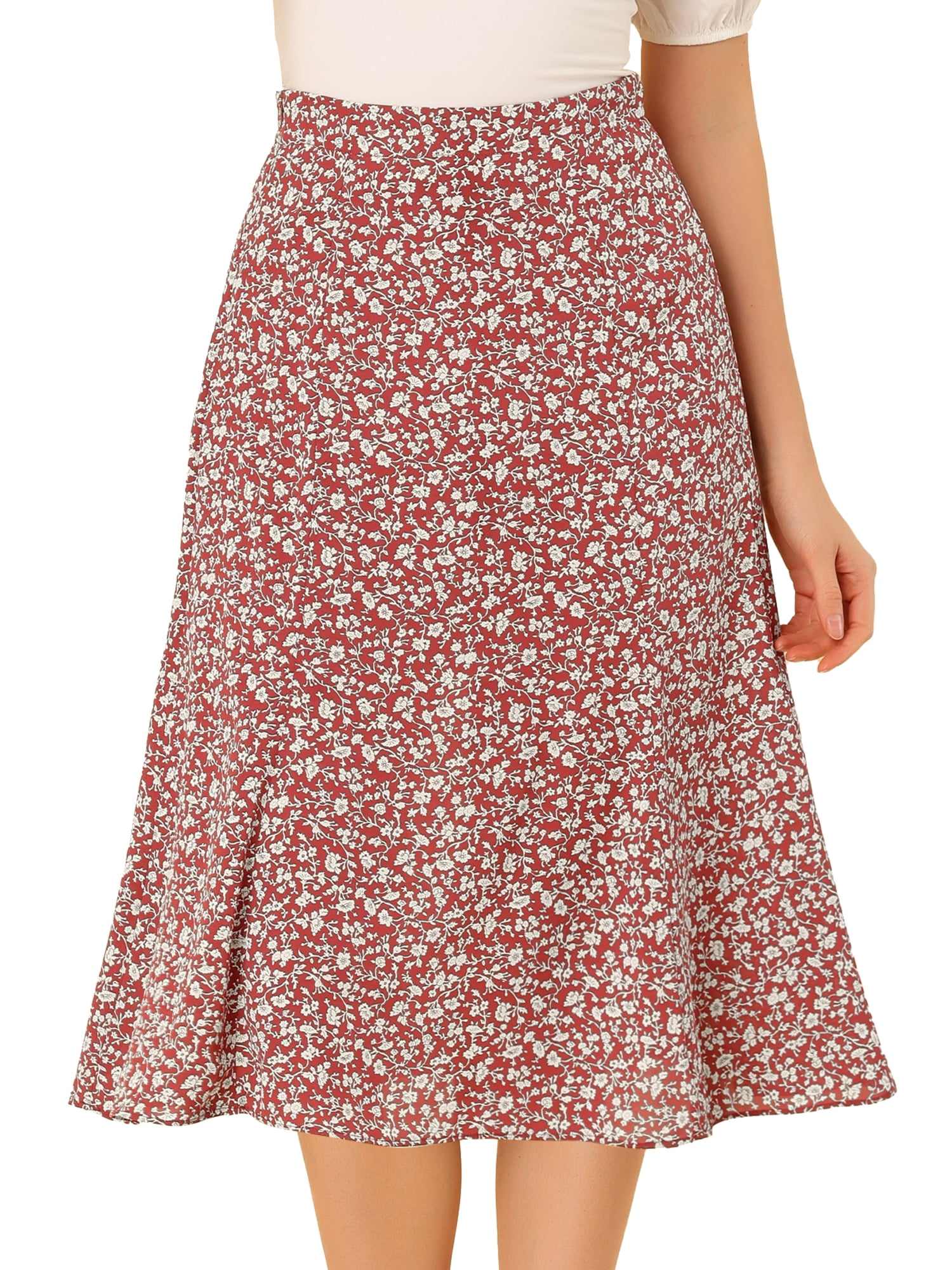 DARING DIVA Women's Elastic Waist A-Line Floral Print Midi Skirt XS Red White