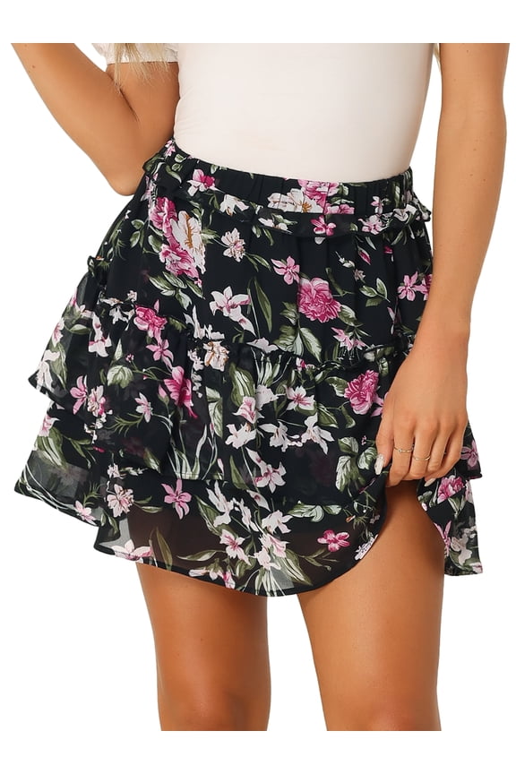 Women's Elastic Waist A-Line Layered Ruffle Floral Mini Skirt L Black Pink