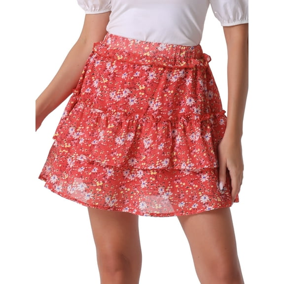 DARING DIVA Women's Elastic Waist A-Line Layered Ruffle Floral Mini Skirt L Red