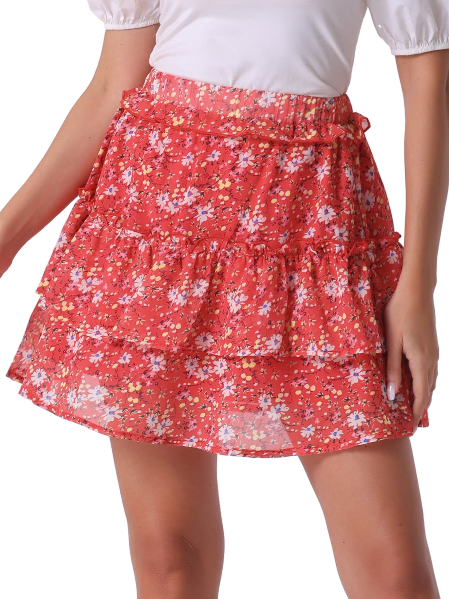 DARING DIVA Women's Elastic Waist A-Line Layered Ruffle Floral Mini Skirt S Red