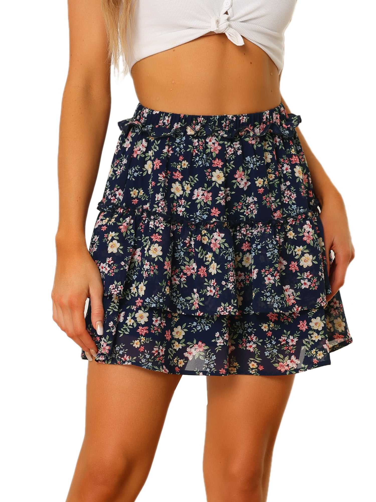DARING DIVA Women's Elastic Waist A-Line Layered Ruffle Floral Mini Skirt XL Dark Blue