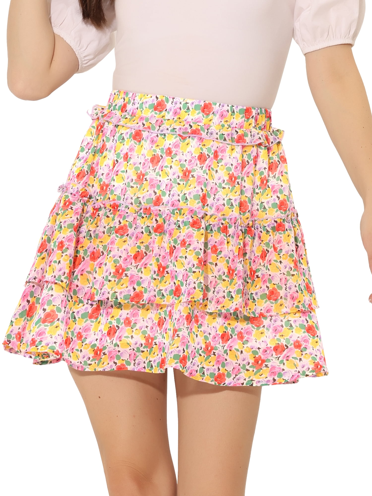 DARING DIVA Women's Elastic Waist A-Line Layered Ruffle Floral Mini Skirt XS Multicolor