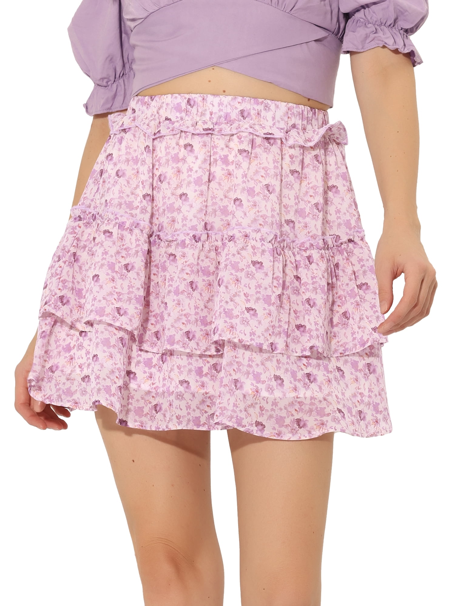 DARING DIVA Women's Elastic Waist A-Line Layered Ruffle Floral Mini Skirt XS Purple