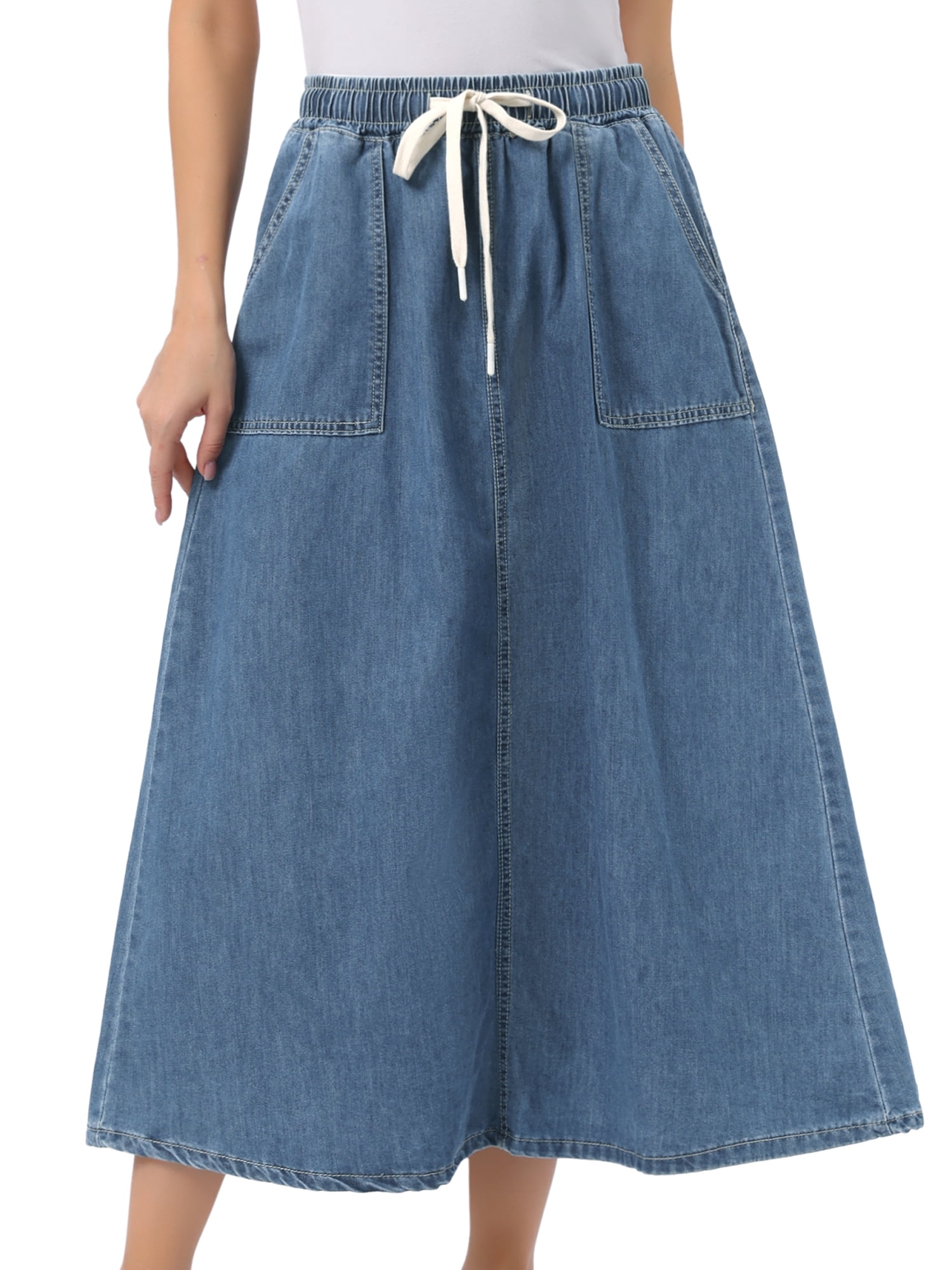 DARING DIVA Women's Elastic Waist A Line Long Jean Skirts L Blue