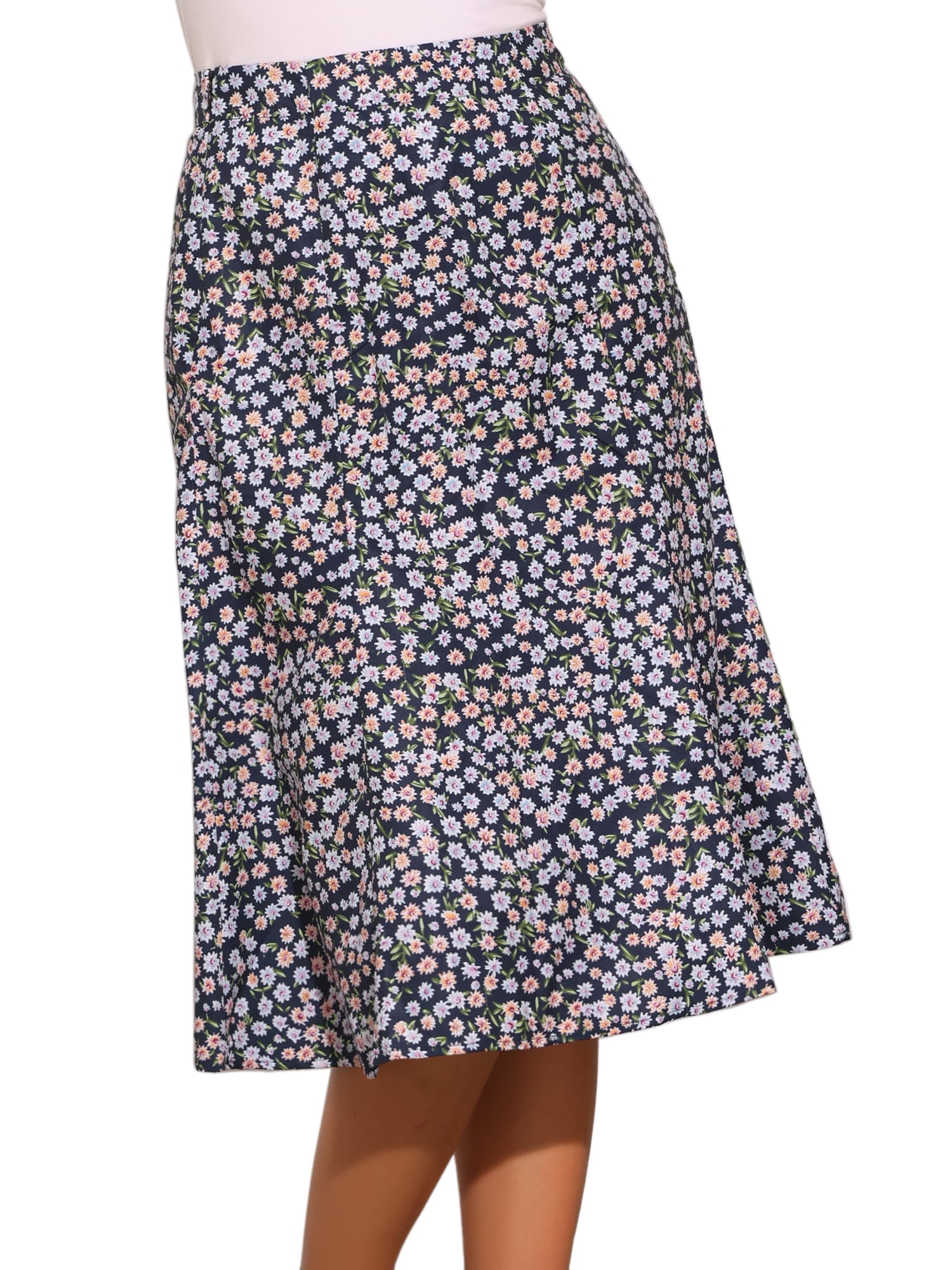 DARING DIVA Women's Elastic Waist A-Line Midi Skirt M Dark Blue Flower
