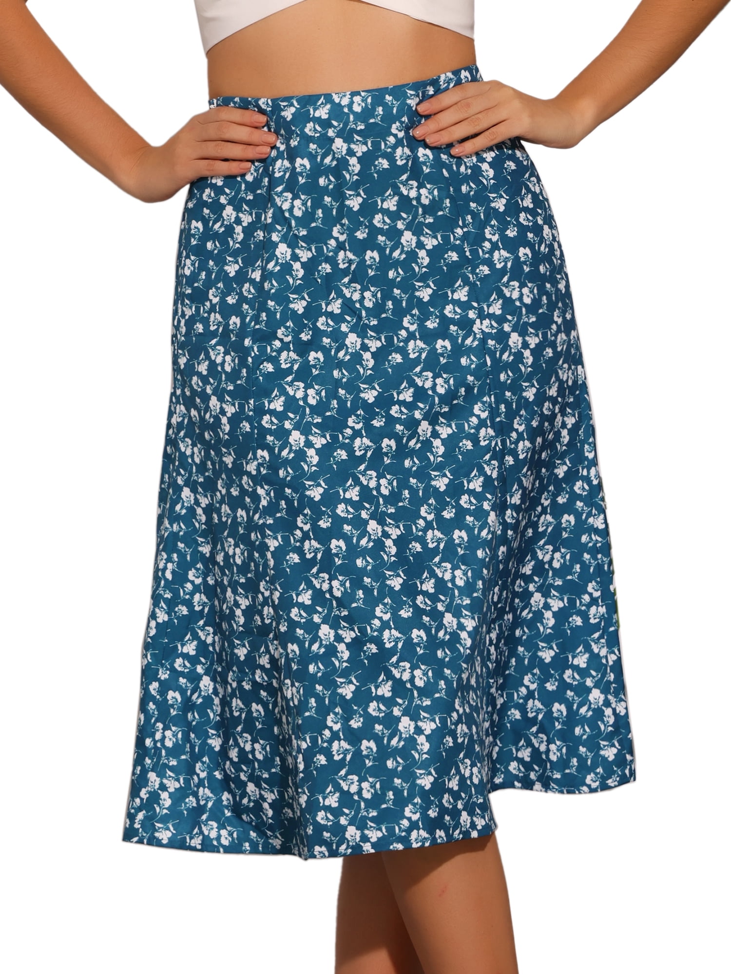 DARING DIVA Women's Elastic Waist A-Line Midi Skirt M Lake Blue Flower