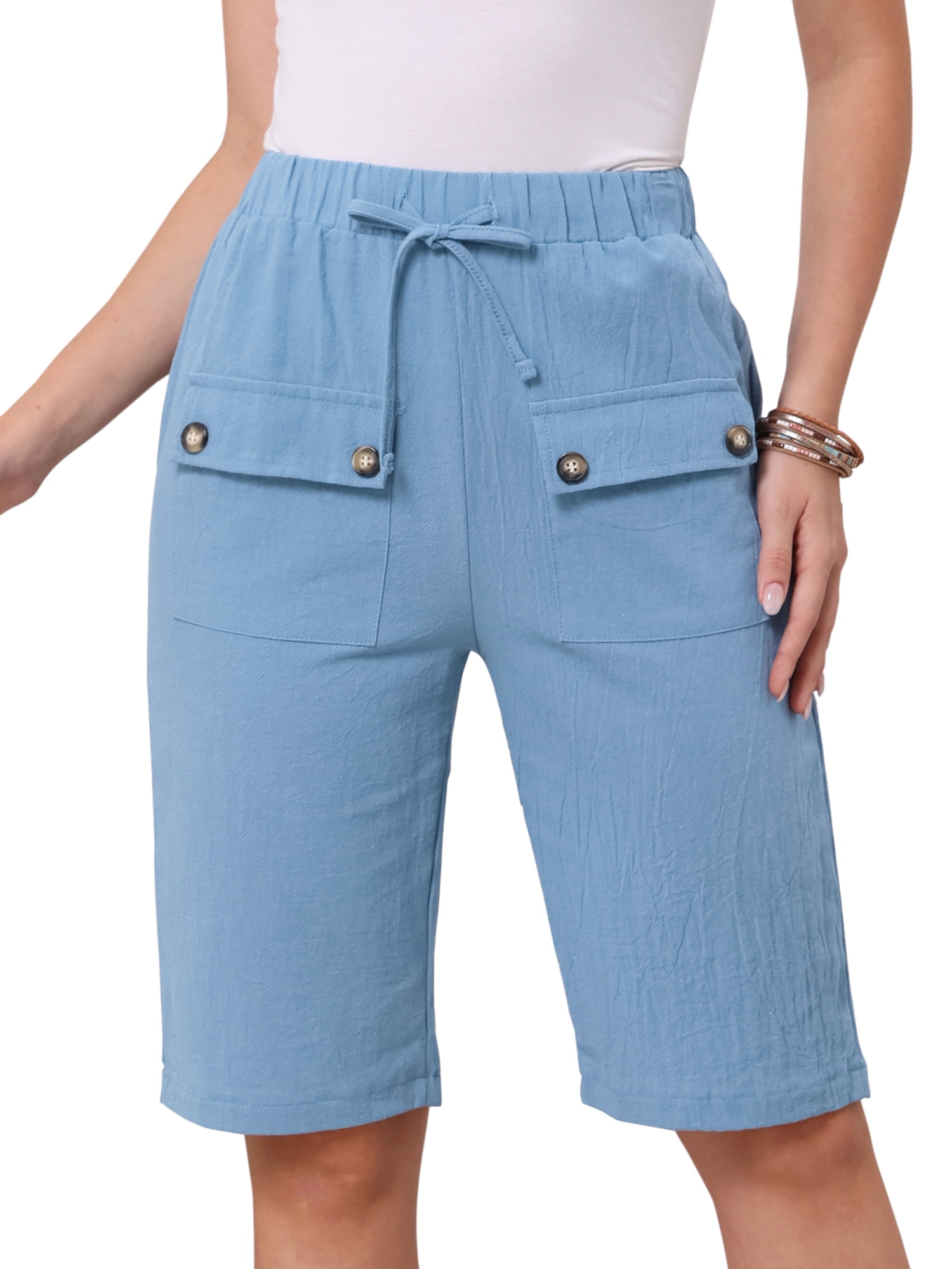 DARING DIVA Women's Elastic Waist Drawstring Shorts with Pockets Large Blue
