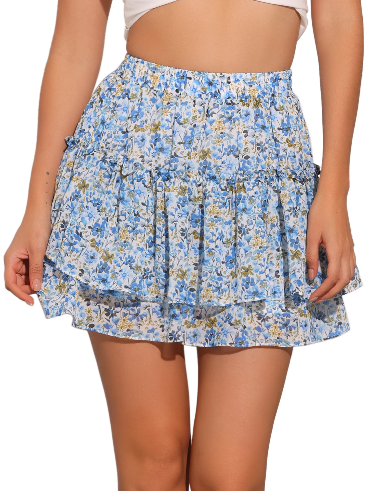 DARING DIVA Women's Elastic Waist Layer Ruffle A-Line Skirt L Blue a