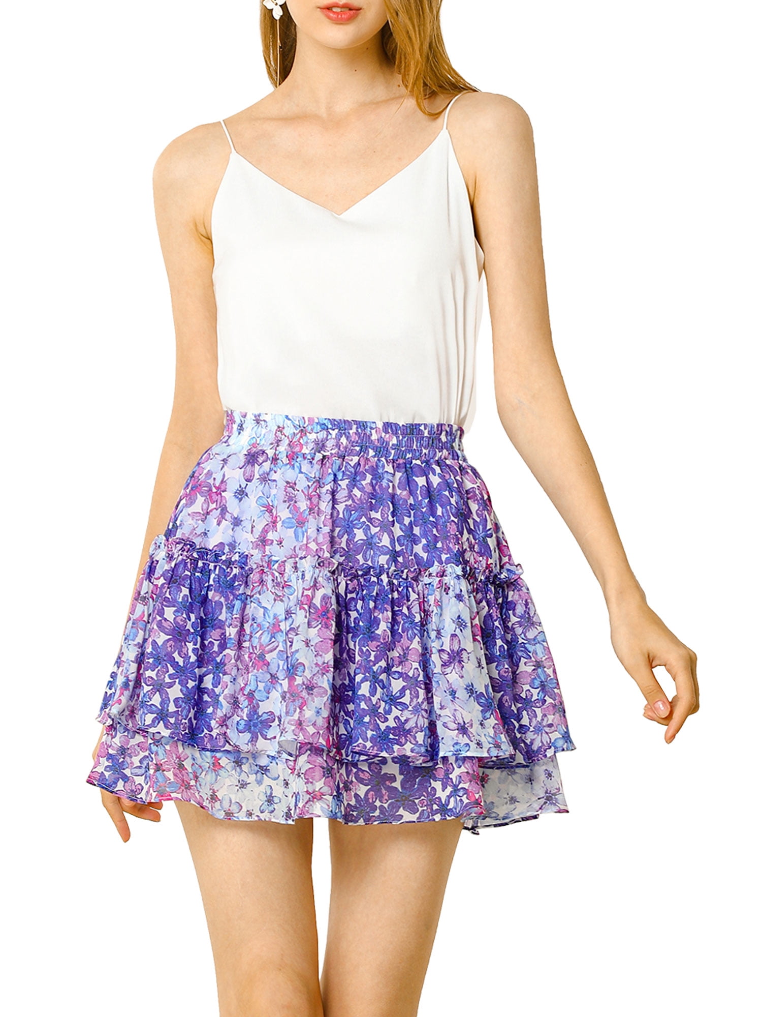 DARING DIVA Women's Elastic Waist Layer Ruffle A-Line Skirt L Purple