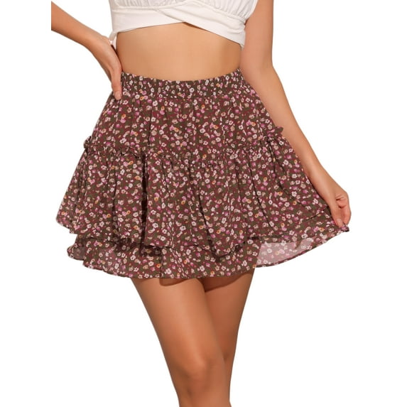 DARING DIVA Women's Elastic Waist Layer Ruffle A-Line Skirt XL Wine Red