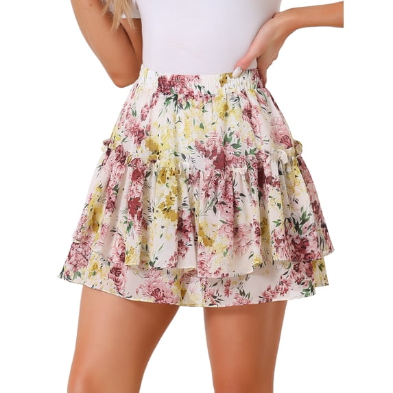 DARING DIVA Women's Elastic Waist Layer Ruffle A-Line Skirt XS White