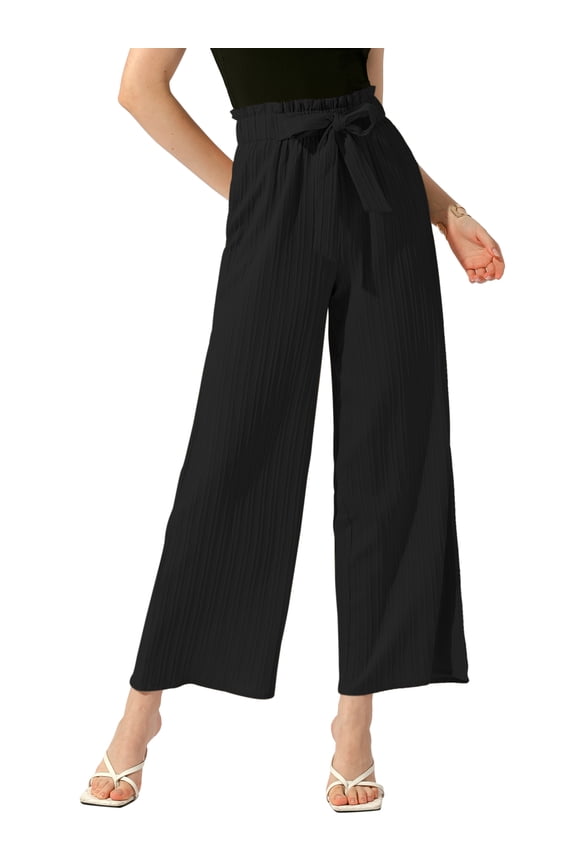 Women's Elastic Waist Pleated Wide Leg Pants with Pockets M Black