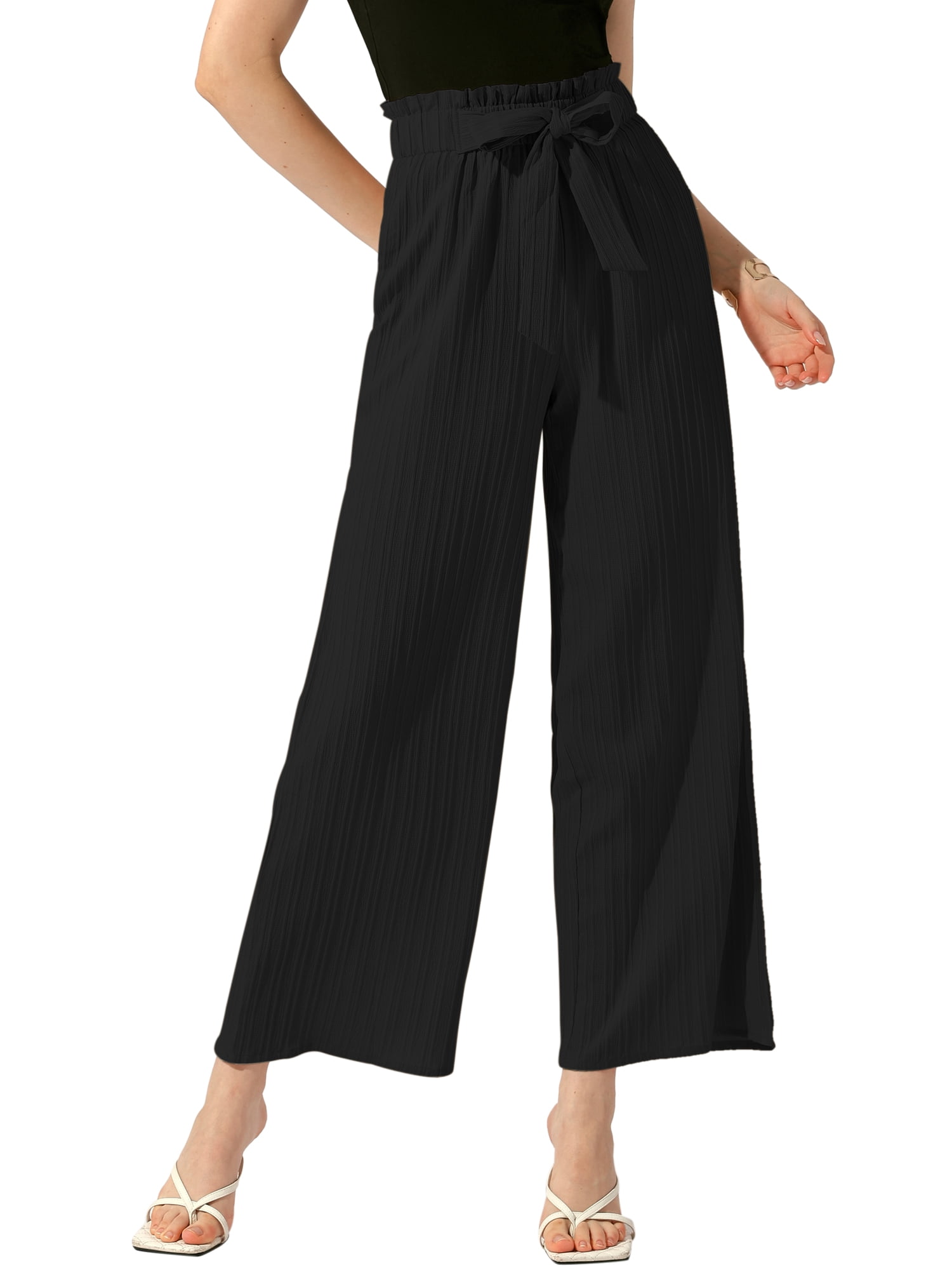 DARING DIVA Women's Elastic Waist Pleated Wide Leg Pants with Pockets XL Black