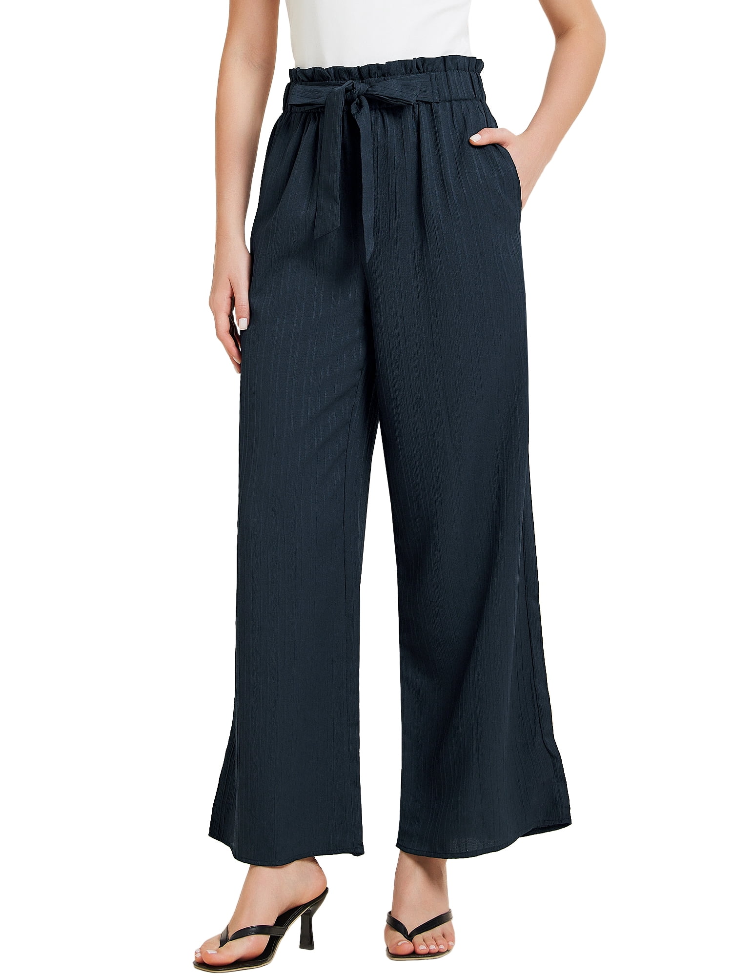 DARING DIVA Women's Elastic Waist Pleated Wide Leg Pants with Pockets XL Navy