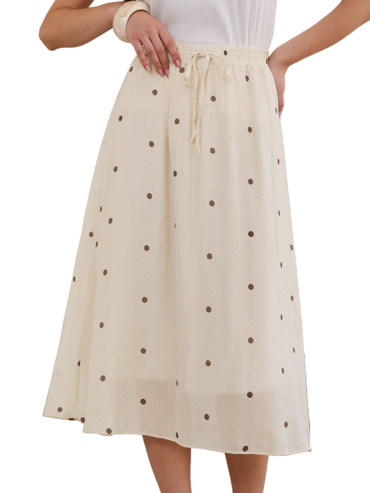 DARING DIVA Women's Elastic Waist Polka Dots Midi Skirts Large Beige