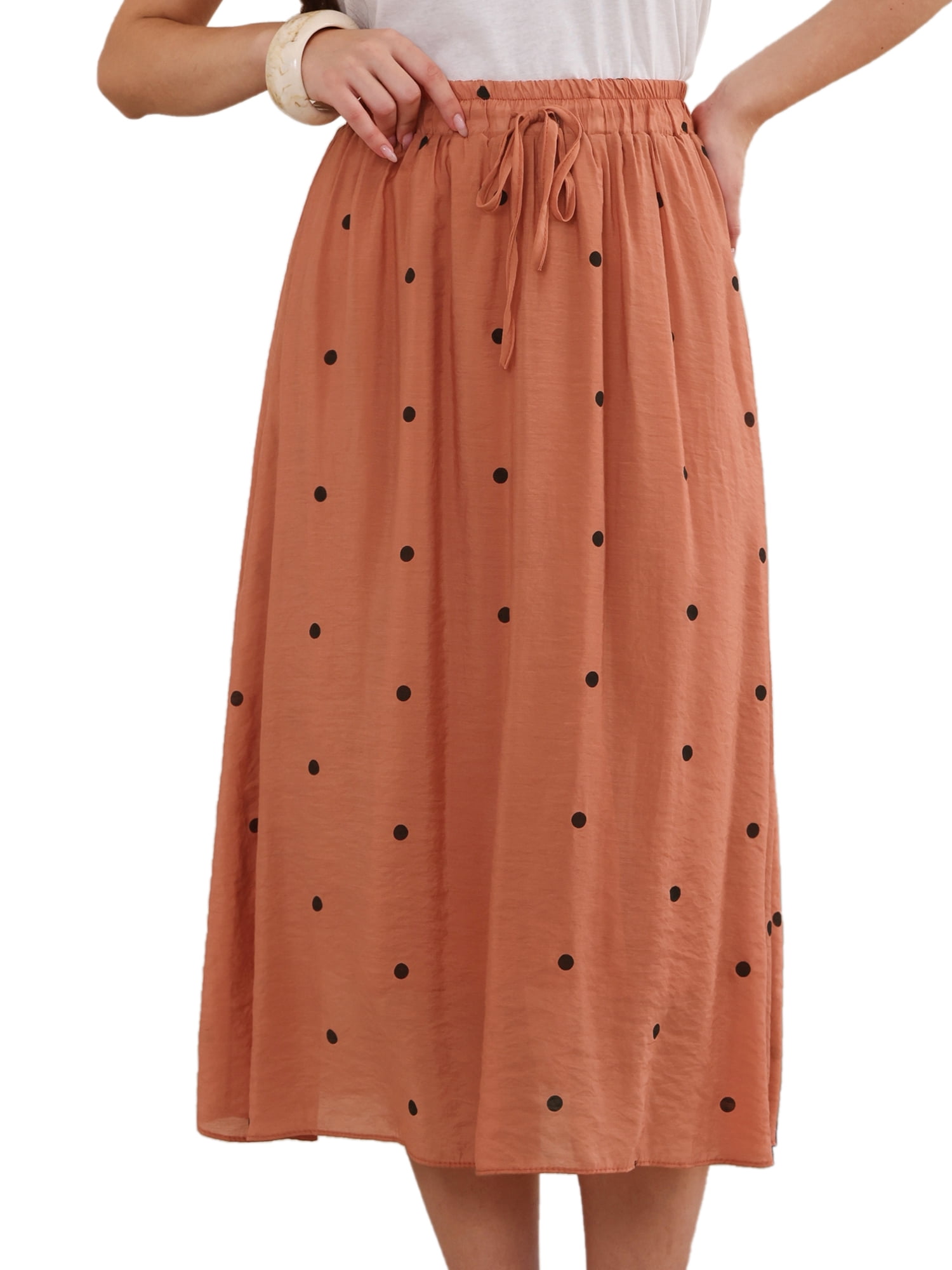 DARING DIVA Women's Elastic Waist Polka Dots Midi Skirts Small Burnt Orange