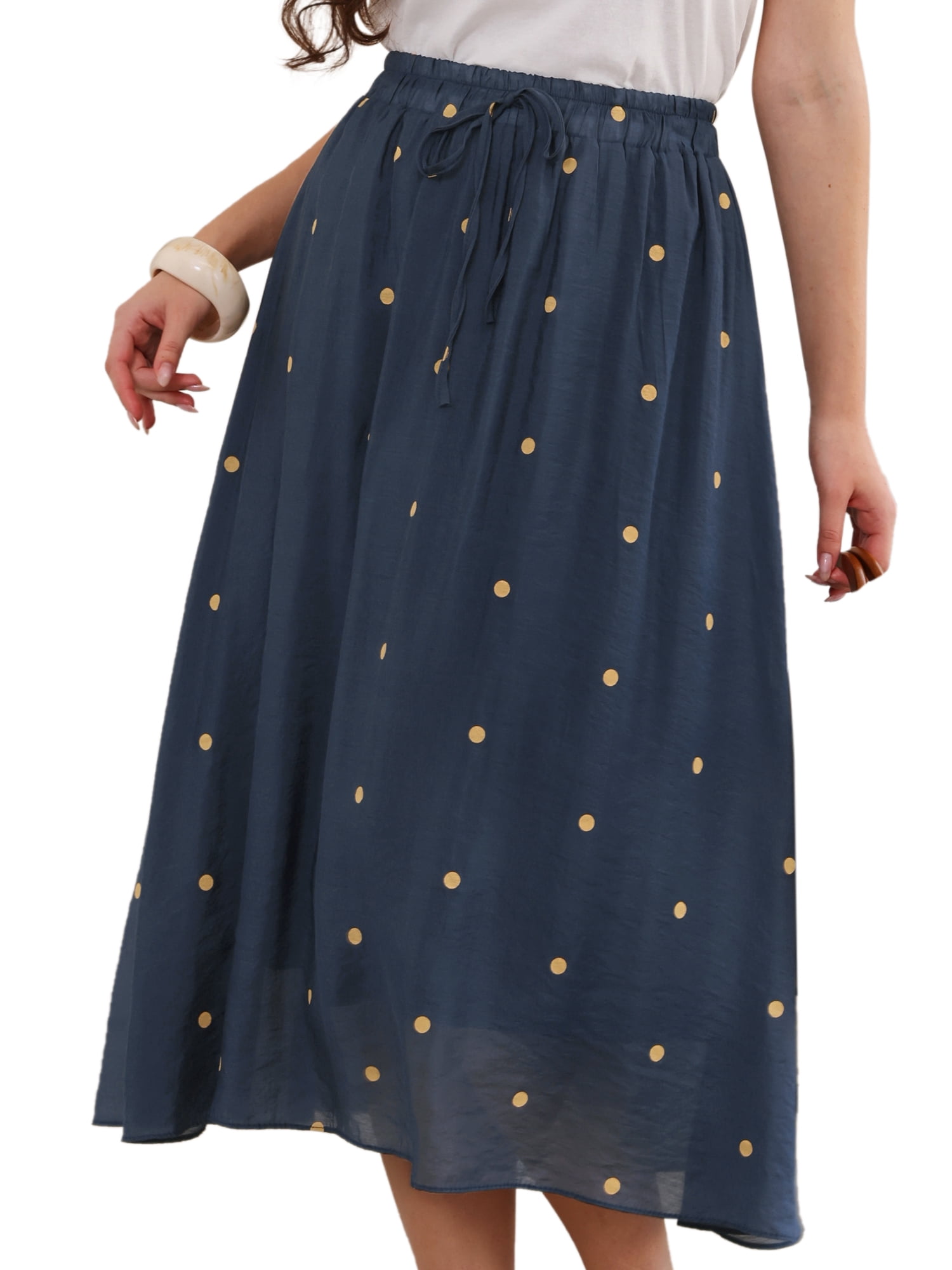 DARING DIVA Women's Elastic Waist Polka Dots Midi Skirts X-Large Dark Blue