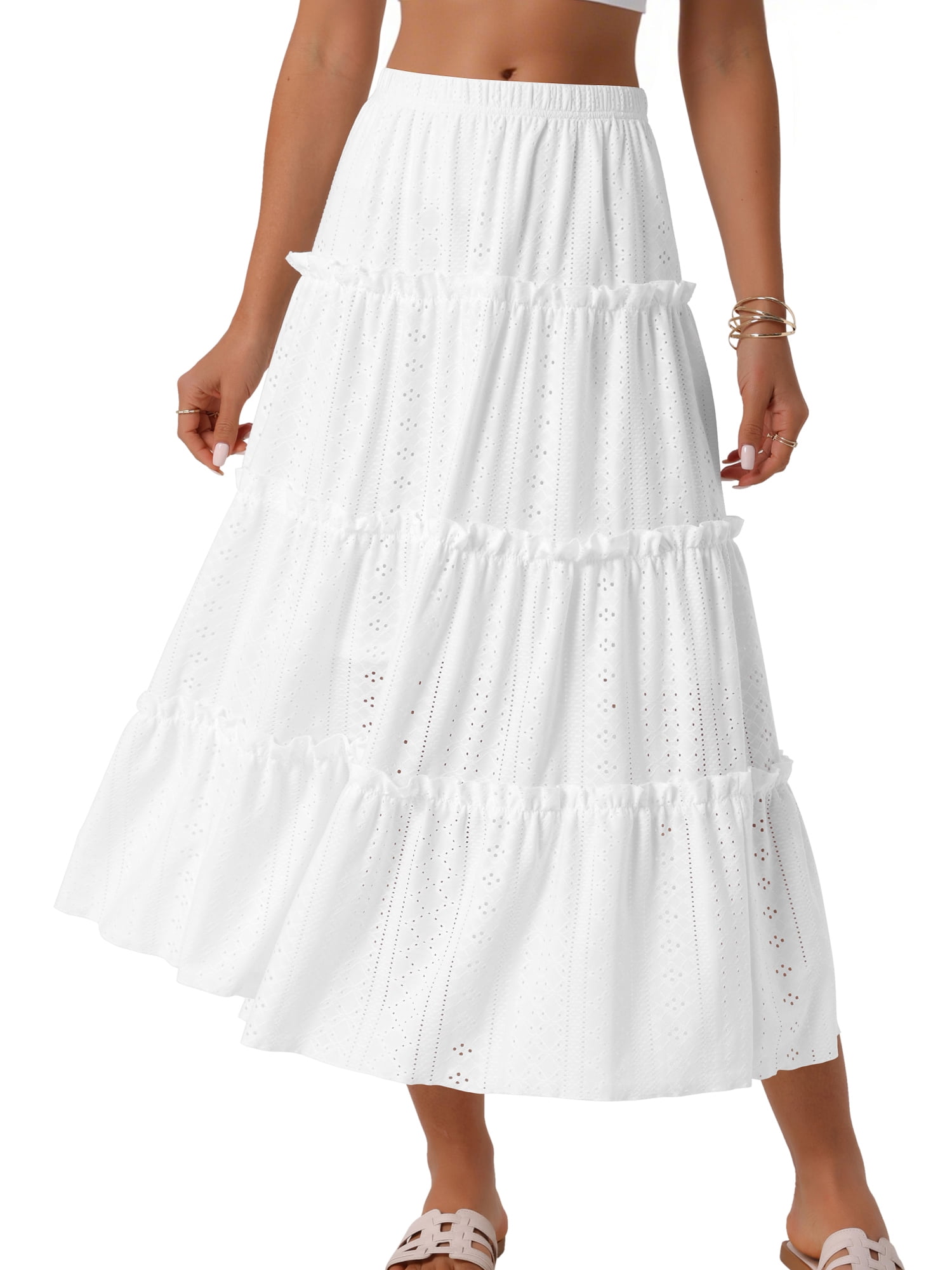 DARING DIVA Women's Elastic Waist Tiered A-line Ruffle Boho Maxi Skirt L White