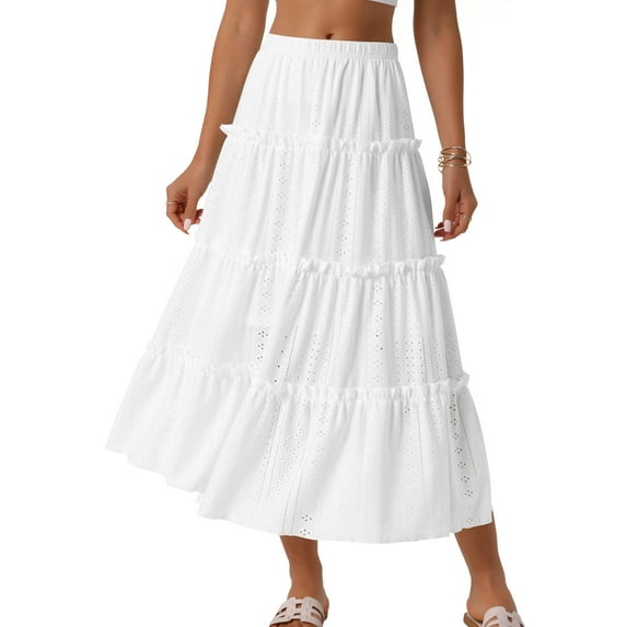 DARING DIVA Women's Elastic Waist Tiered A-line Ruffle Boho Maxi Skirt M White