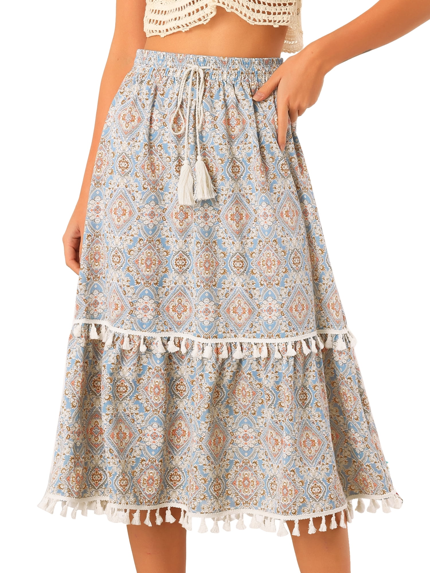 DARING DIVA Women's Elastic Waist Tiered Tassel Fringe Skirt M Blue