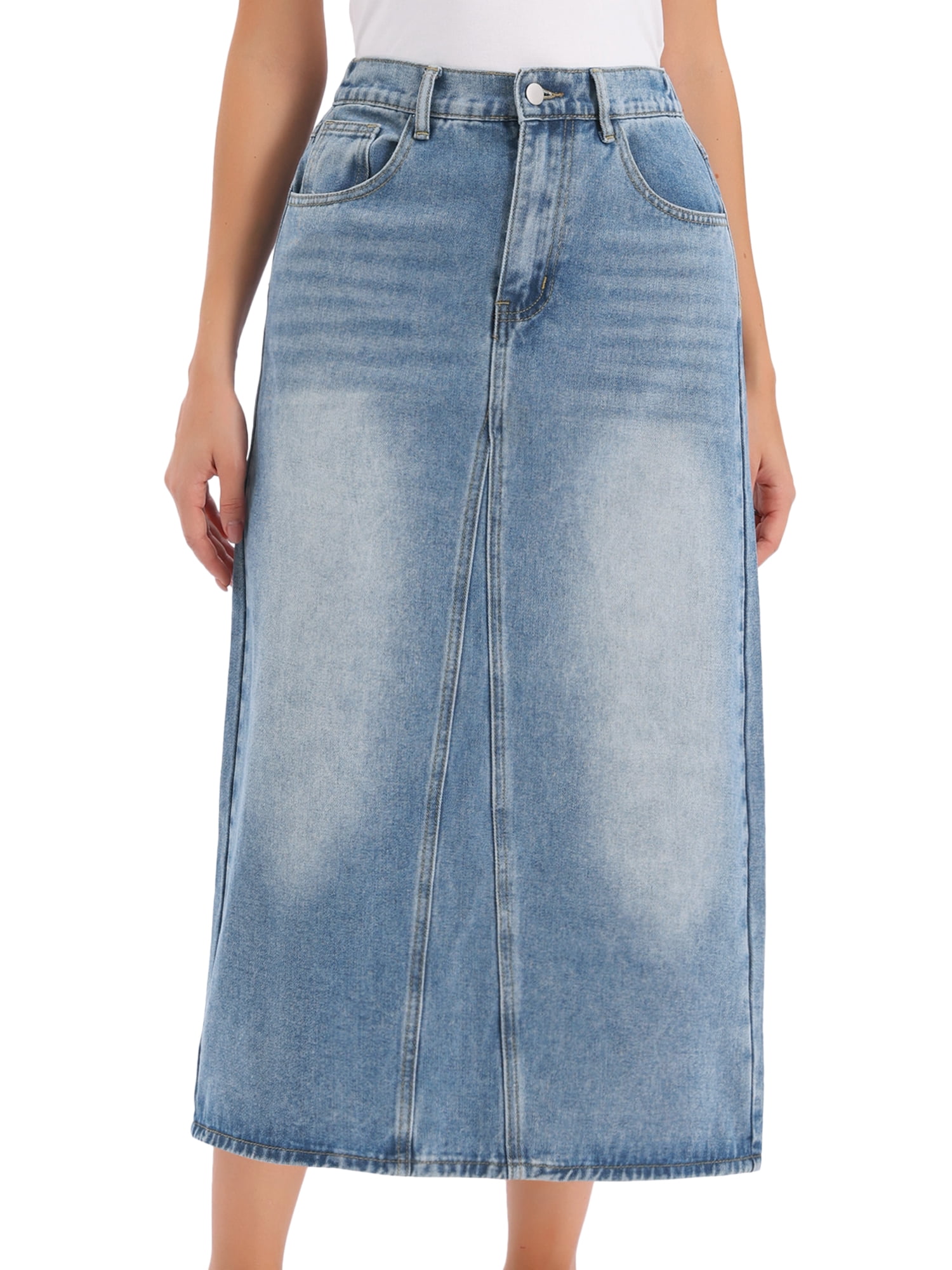 DARING DIVA Women's Elasticated Waist Washed A Line Long Jean Skirt Medium Blue