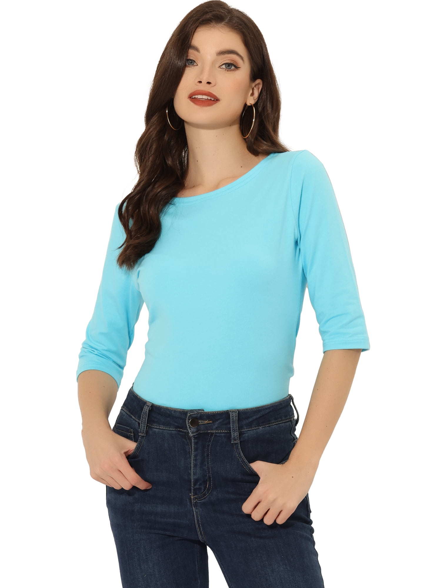 DARING DIVA Women's Elbow Sleeves Boat Neck Slim Fit Classic Tee L Aqua Blue