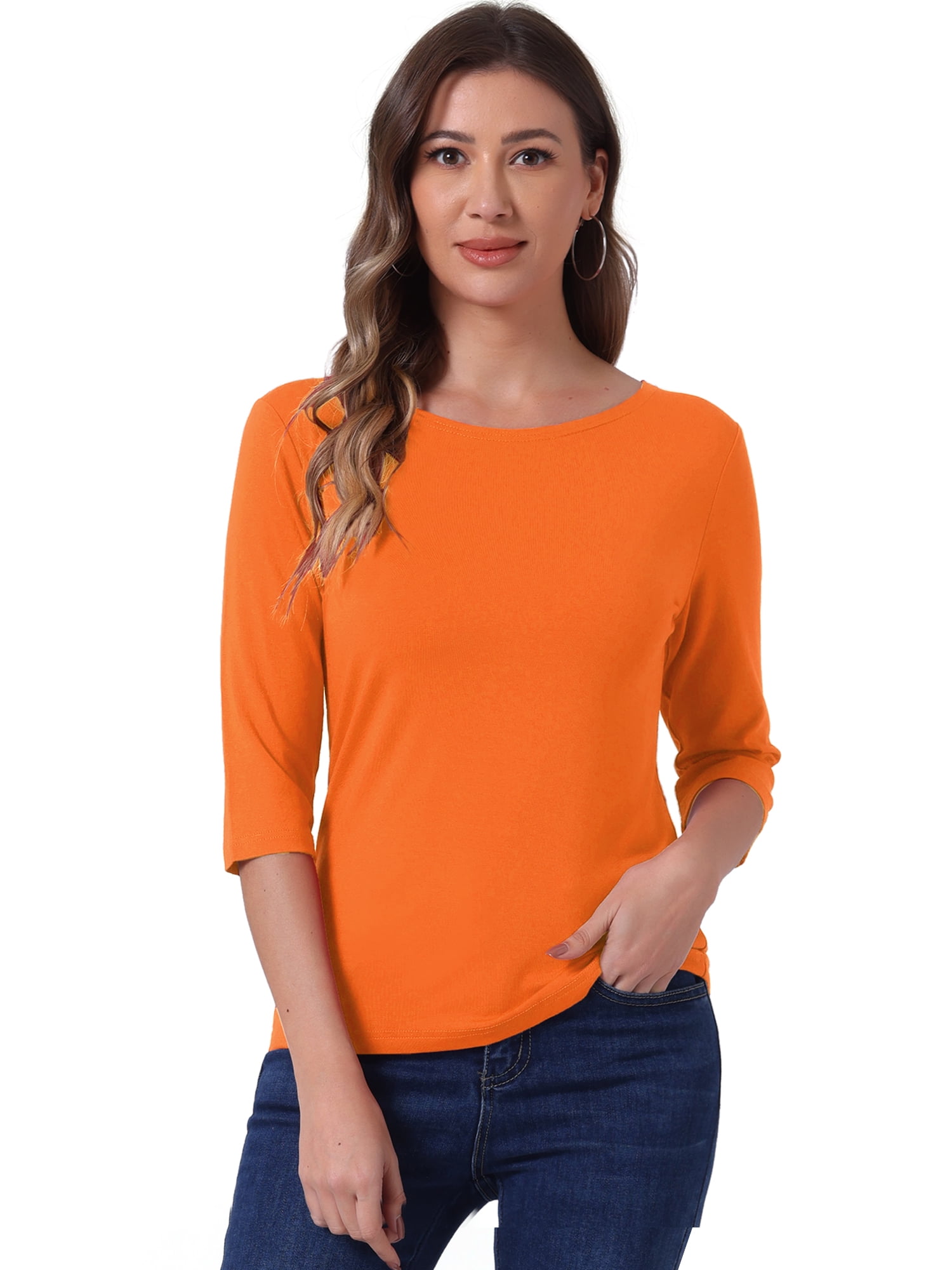 DARING DIVA Women's Elbow Sleeves Boat Neck Slim Fit Classic Tee L Orange