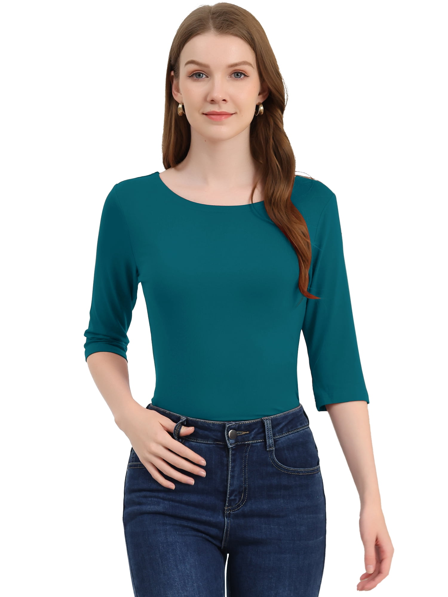 DARING DIVA Women's Elbow Sleeves Boat Neck Slim Fit Classic Tee L Peacock Blue