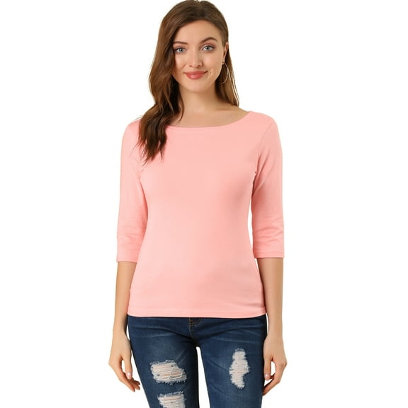 DARING DIVA Women's Elbow Sleeves Boat Neck Slim Fit Classic Tee L Pink