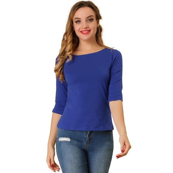 DARING DIVA Women's Elbow Sleeves Boat Neck Slim Fit Classic Tee L Royal Blue