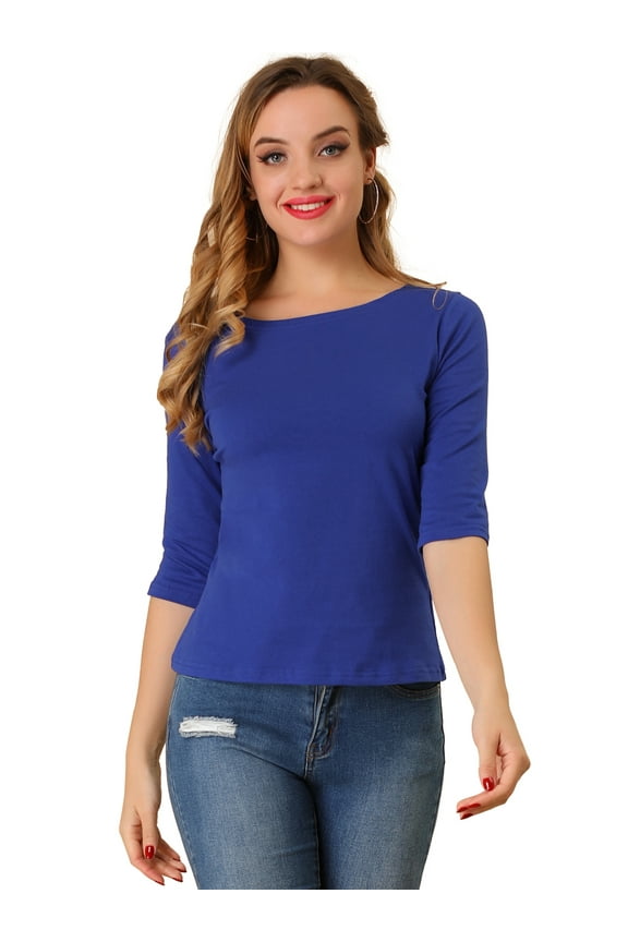 Women's Elbow Sleeves Boat Neck Slim Fit Classic Tee L Royal Blue