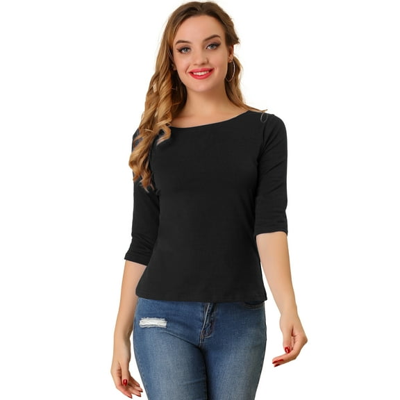 DARING DIVA Women's Elbow Sleeves Boat Neck Slim Fit Classic Tee M Black