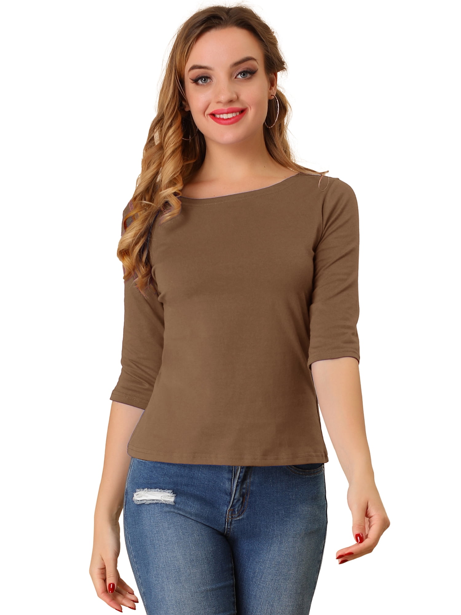 DARING DIVA Women's Elbow Sleeves Boat Neck Slim Fit Classic Tee M Brown