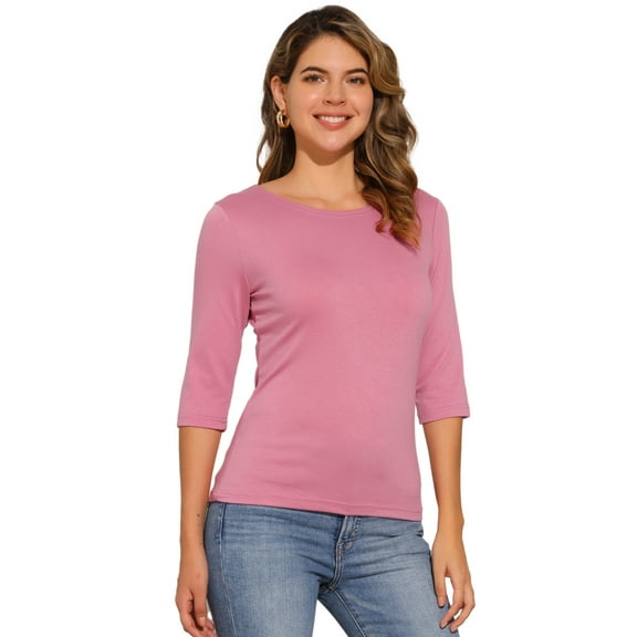 DARING DIVA Women's Elbow Sleeves Boat Neck Slim Fit Classic Tee M Dark Pink