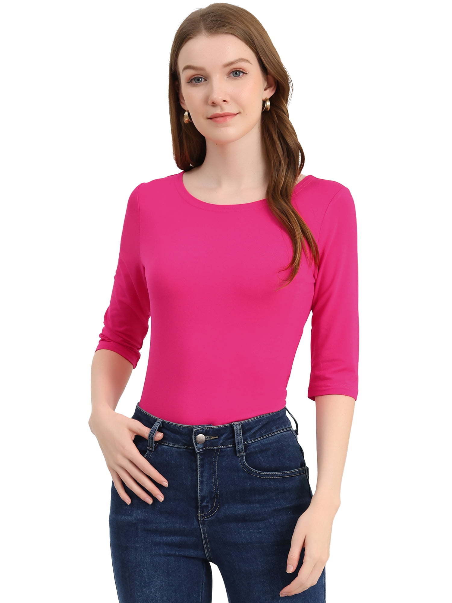 DARING DIVA Women's Elbow Sleeves Boat Neck Slim Fit Classic Tee M Rose Red